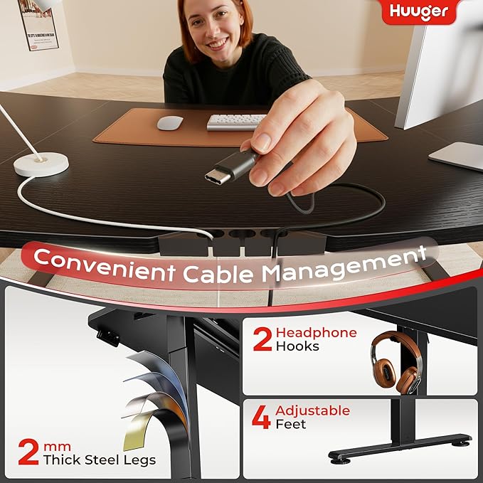 Huuger 63 X 24 Inch Electric Standing Desk with Power Outlets and USB-C Port, Height Adjustable Desk, Sit Stand Desk for Home Office, Computer & Gaming Desk with 4 Presets, Stable Steel Frame, Black - Image 6