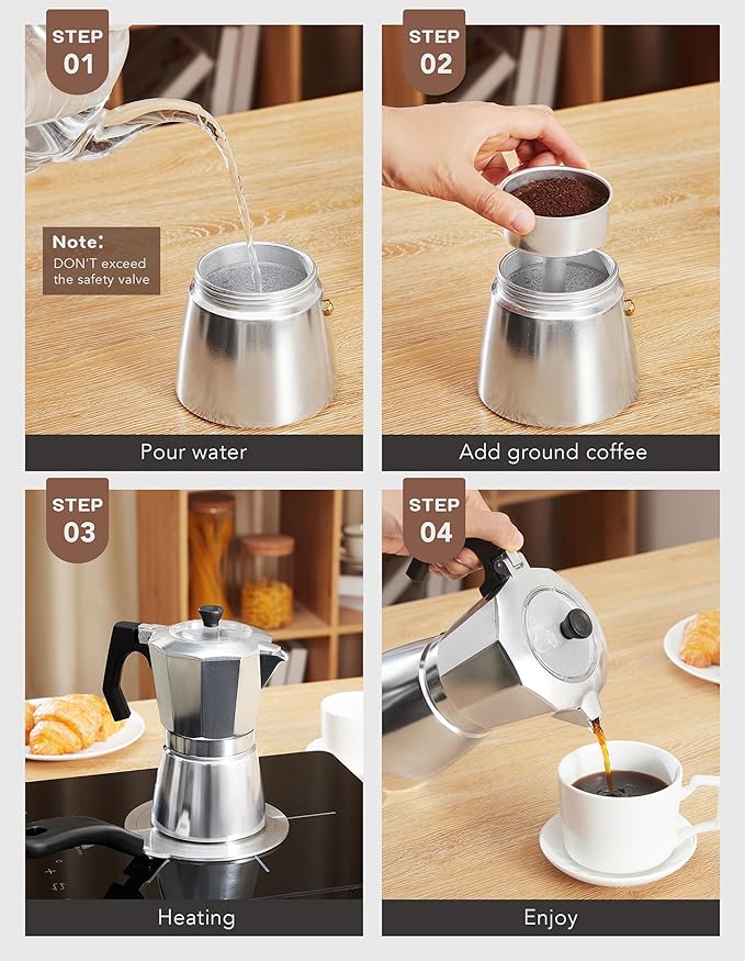 2Pcs - 1 Moka Pot Espresso + 5.5 Inch Stainless Steel Induction Plate Adapter, 6 Cup Aluminium Italian Stovetop Espresso Maker, Transparent Cover, Portable Coffee Maker for Camping - Image 5