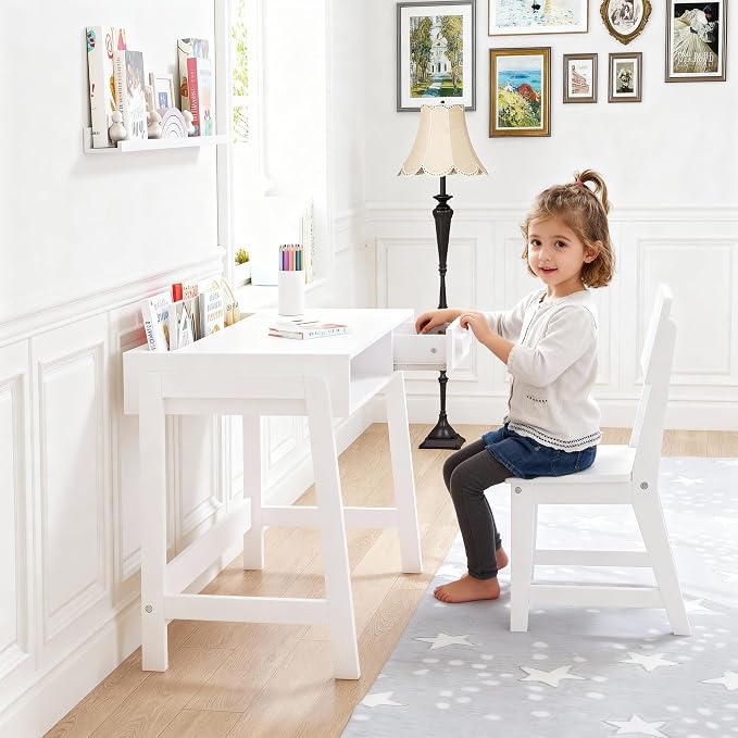 UTEX Kids Desk and Chair Set, Study Desk for Kids with Storage Bins, Wooden Children Study Table, Student Writing Desk for Bedroom & Study Room (1 Open & 1 Drawer) - Image 7
