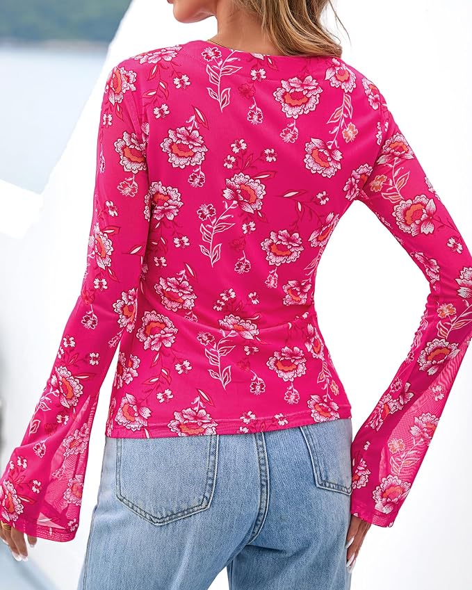 BTFBM Button Down Shirts for Women 2026 Fall Boho Tops V Neck Long Sleeve Blouses Ruched Mesh Fitted Fashion Clothing - Image 3