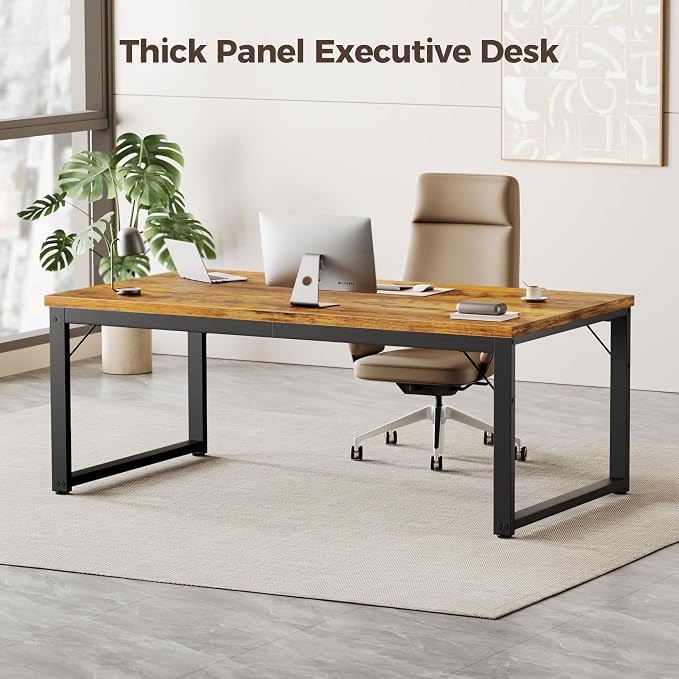 Mericonia 54 Inch Computer Desk, 1" Thick Large Office Table, Brown | Modern Simple Style, Heavy Duty Industrial Frame, Study & Writing Table for Home Bedroom Work - Image 3