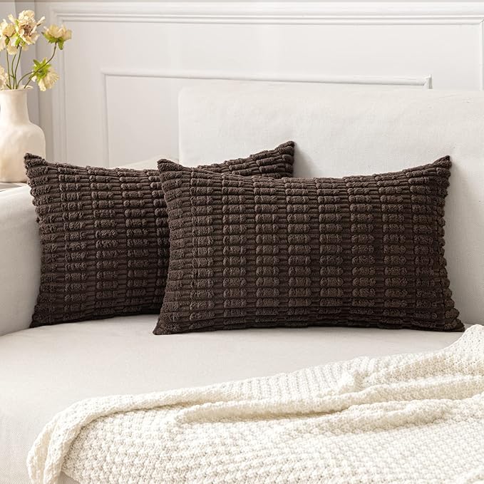 MIULEE Pack of 2 Corduroy Decorative Lumbar Throw Pillow Covers 20x12 Inch Soft Boho Striped Pillow Covers Modern Farmhouse Home Decor for Sofa Living Room Couch Bed Dark Brown by MIULEE