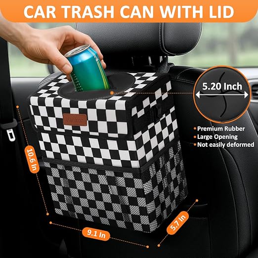 Vankor Car Trash Can Bin with Lid Hanging for Back Seat, Car Accessories for Women Men Leak Proof Automotive Garbage Cans Leakproof Vehicle Trash Can for Truck SUV,Black White Checkered - Image 2