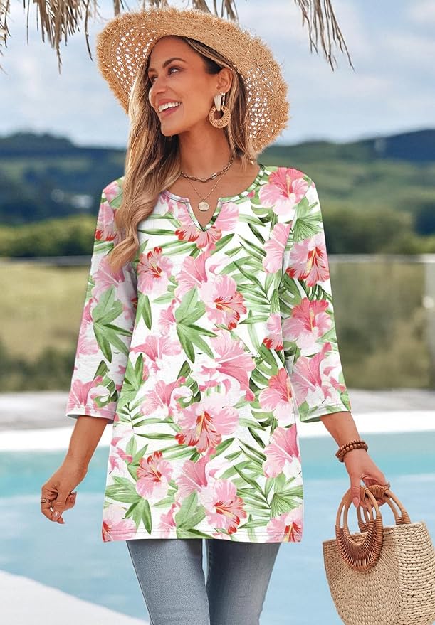 OFEEFAN Summer Boho Tops For Women 3/4 Length Sleeve Womens Tops Vacation Outfits - Image 3