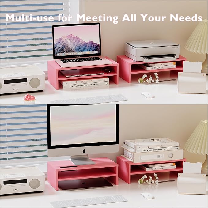 BONTEC Wooden Monitor Stand Riser, 2-Tier Desk Shelf with Storage Organizer, Ergonomic Computer Stand with Cable Management, Cellphone Holder, Pink, 16.5 Inch - Image 7