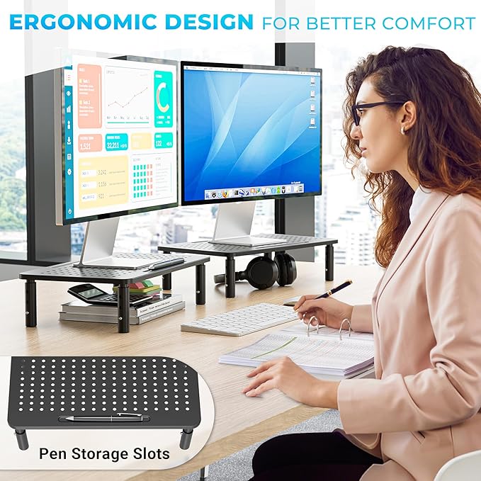 BONTEC Monitor Stand for Desk 2 Pack, 3-Level Height Adjustable Metal Monitor Riser, 14.5 x 9.1 in Ergonomic Computer Stand with Pen Holder & Cable Management for Printer, Laptop, Office Workstation - Image 6