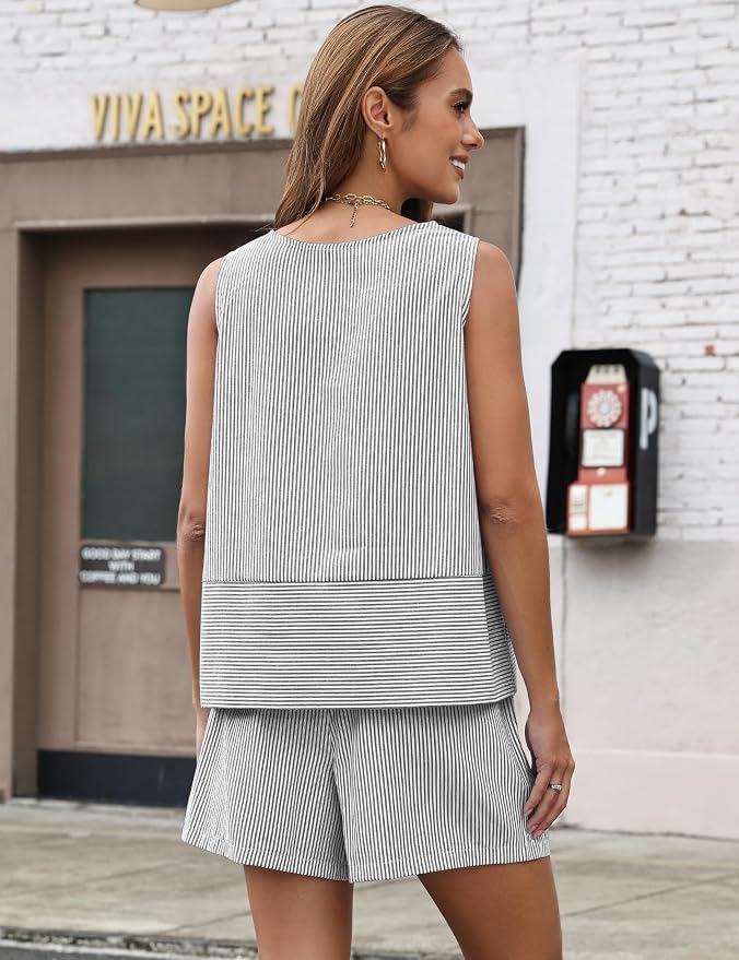 LOMON Women's Trendy 2 Piece Outfits Shorts Sets Summer Crew Neck Sleeveless Tank Top and Bottom Matching with Pockets 2026 - Image 3