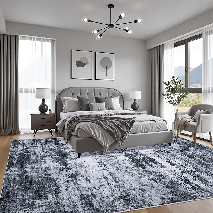 5x7 Area Rug Living Room Rug: Washable Modern Abstract Soft Thin Rug Indoor Floor No Slip Stain Resistant Carpet for Bedroom Dining Room Farmhouse Nursery Home Office - Black - Image 3