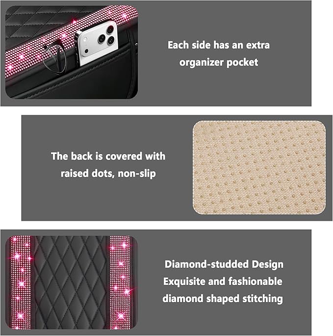 Stacool Upgraded Car Center Console Cover with Rhinestones,Microfiber Leather Car Armrest Cover Cushion with 2 Storage Bags,Universal Cars Armrest Storage Box as Cars Interior Accessories - Image 3