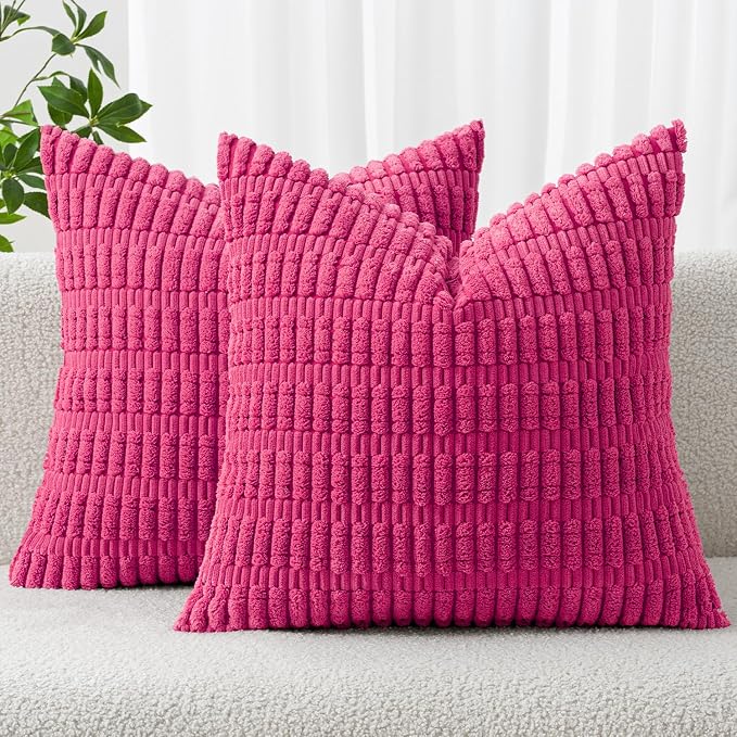 MIULEE Pack of 2 Corduroy Decorative Throw Pillow Covers 18x18 Inch Soft Boho Striped Pillow Covers Modern Farmhouse Home Decor for Sofa Living Room Couch Bed Hot Pink by MIULEE
