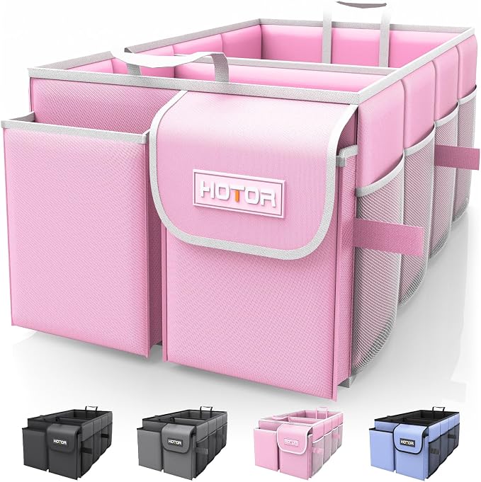 HOTOR Trunk Organizer for Car - Car Organizer, Foldable Trunk organizer for SUVs & Sedans, Sturdy Organization for Car Accessories, Tools, Sundries, Pink, 2 Compartments, 23.6"×14.2"×10.6" by HOTOR