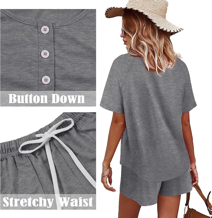 WIHOLL Two Piece Outfits for Women Lounge Sets Button Down Top and Shorts Set Sweatsuits with Pockets - Image 4