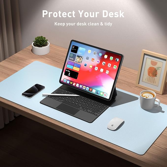Aothia Leather Desk Pad Protector, Mouse Pad, Office Desk Mat, Non-Slip PU Leather Desk Blotter, Laptop Desk Pad, Waterproof Desk Writing Pad for Office and Home (31.5" x 15.7",Baby Blue) - Image 4