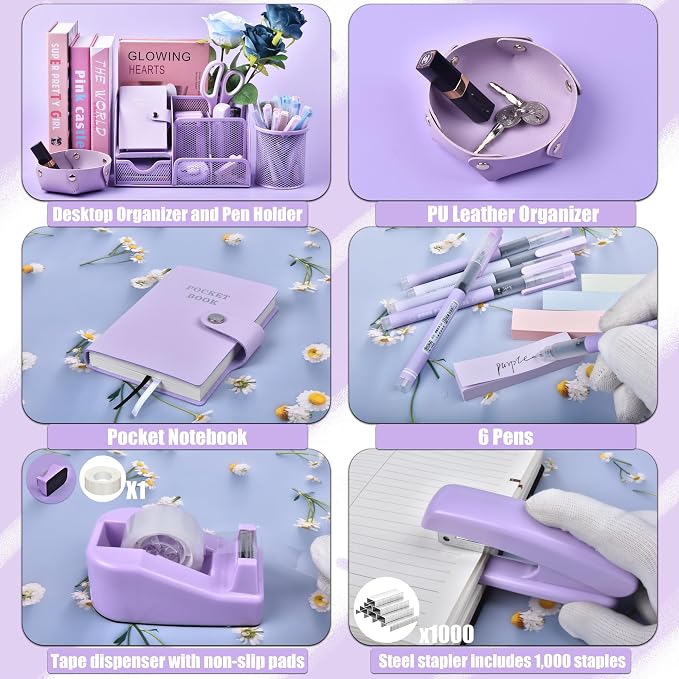 Purple Desk Accessories, 26Pcs Office Supplies and Desk Organizers, with Tape Dispenser, Stapler, Staple Remover Ect, Gift Box Packaging - Image 4