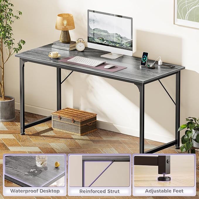 PRAISUN 55 X 20 Inch Computer Desk, Power Outlets, USB-C, Grey | Office Desk with 4 AC Outlets, USB & USB-C, Sturdy Metal Frame, Spacious Desktop for Work, Writing, Study & Gaming - Image 8