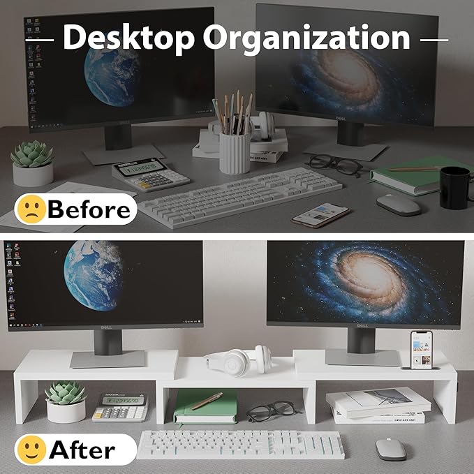 BONTEC Dual Monitor Stand Riser with Smartphone Holder, Adjustable Length & Swivel Angle, Ergonomic Wooden Desktop Organizer for PC Monitor, Laptop, Printer, Large Storage, 42.5 in, White - Image 2