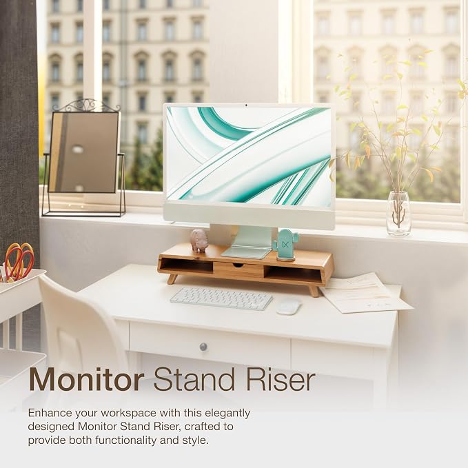 TINAMO Acacia Wood Monitor Stand with Drawer - Wooden Monitor Riser for Desk - Computer Monitor Stand for Desk - Multi-Purpose Desktop Storage Stand for Computer; Laptop; Printer; TV - 24.4 " x 8" x 5" (Patented) - Image 6