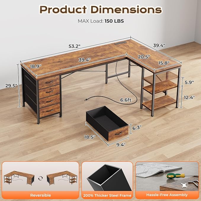 Huuger 55 Inch L Shaped Desk with Fabric Drawers, Reversible Computer Gaming Desk with Power Outlets and USB-C Port, Adjustable Side Storage Shelves, for Work Corner Home Office, Rustic Brown - Image 3