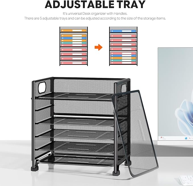 Simple Trending 6-Tier Paper Tray Organizer, File Organizer for Desk, Black | Letter Tray Holder with Handle. Sturdy Metal Frame. Non-slip Feet. Black for Office Home School. 13.35"L x 9.35"W x 15.6"H - Image 8