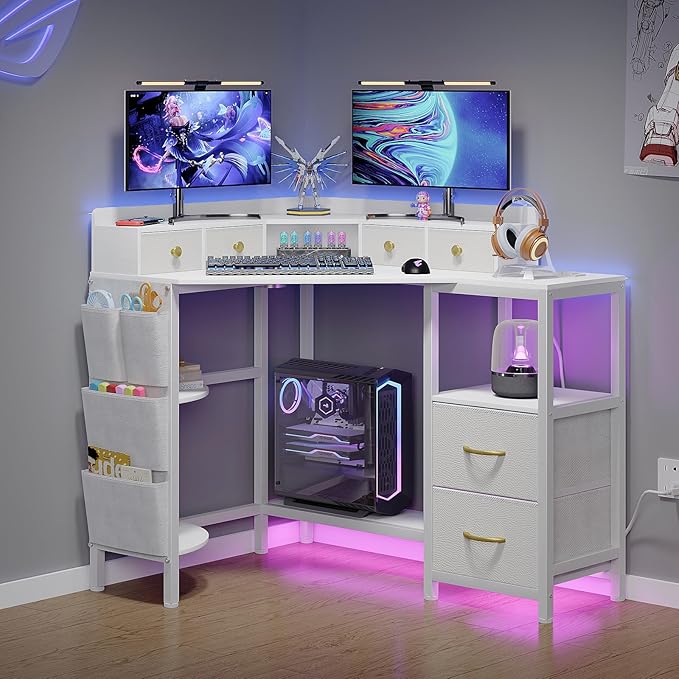 VENNQD Corner Desk with 6 Drawers Shelves for Small Space Computer Desk with Power Outlets,Gaming Desk with Printer Monitor Stand Storage for Home Office Workstation Writing Table (White, 31.5) - Image 4