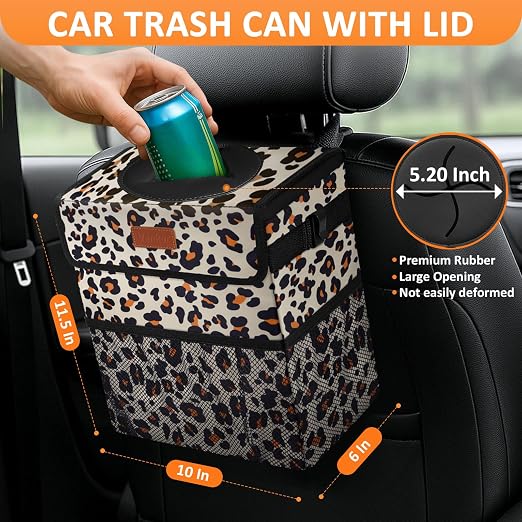 Vankor 3 Gallons Cute Car Trash Can, Car Accessories for Interior Leak Proof Can Trash Bag Hanging Waterproof Automotive Vehicle Garbage Cans Leopard Print Pattern - Image 2