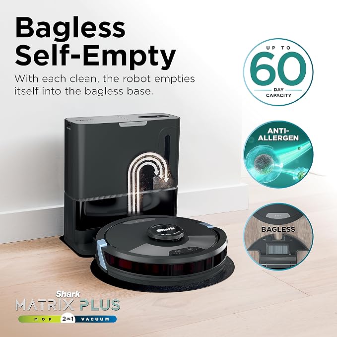 Shark Matrix Plus 2in1 Robot Vacuum & Mop with Sonic Mopping, Matrix Clean, Home Mapping, HEPA Bagless Self Empty Base, CleanEdge, for Pet Hair, Wifi, Black/Silver (RV2610WA) - Image 7