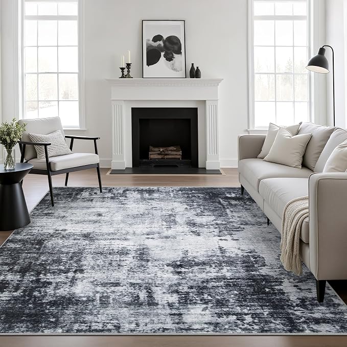 8x8 Area Rug Living Room Rug: Washable Modern Abstract Soft Thin Rug Indoor Floor No Slip Stain Resistant Carpet for Bedroom Dining Room Farmhouse Nursery Home Office - Dark Black by FXRHLP