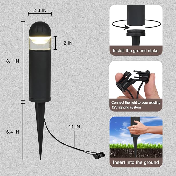 Low Voltage Landscape Lighting, 2W 200LM 12V LED Bollard Lights Outdoor Waterproof with Connectors, Aluminum Housing Driveway Pathway Walkway lights 3000K Warm White, ETL UL CSA Listed, 4 Pack - Image 7