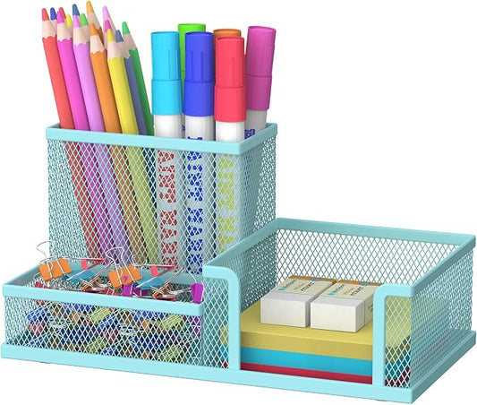 SUPEASY Mesh Pen Holder Desk Organizer, Office Supplies Pencil Storage with 3 Compartments, Office Desk Accessories and Workspace Organizers for Home School, Blue by SUPEASY