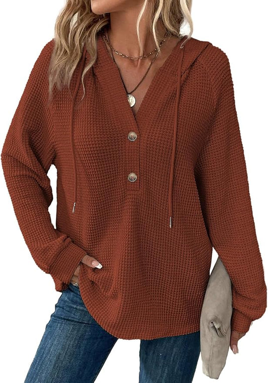 Dokotoo Hoodies for Women Waffle Knit Long Sleeve Drawstring Button V Neck Casual Sweatshirt Hooded Tops Fashion Clothing by Dokotoo