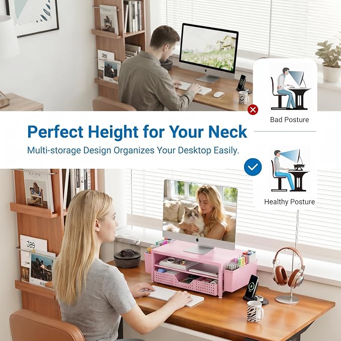 OPNICE Desk Organizers and Accessories, 2-Tier Computer Monitor Stand Riser with Drawer and 2 Pen Holders, Laptop Stand, Office Desk Accessories for Office Supplies, Pink - Image 4