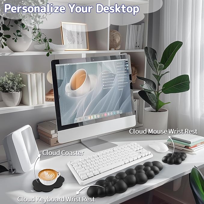 Sushret Cloud Wrist Rest Keyboard, Cloud Keyboard Wrist Pad Set with PU Leather Memory Foam, Cute Arm Rest for Palm Support, PC/Gaming Desk Accessories/Office Setup/Computer Hand Cushion - Black - Image 2