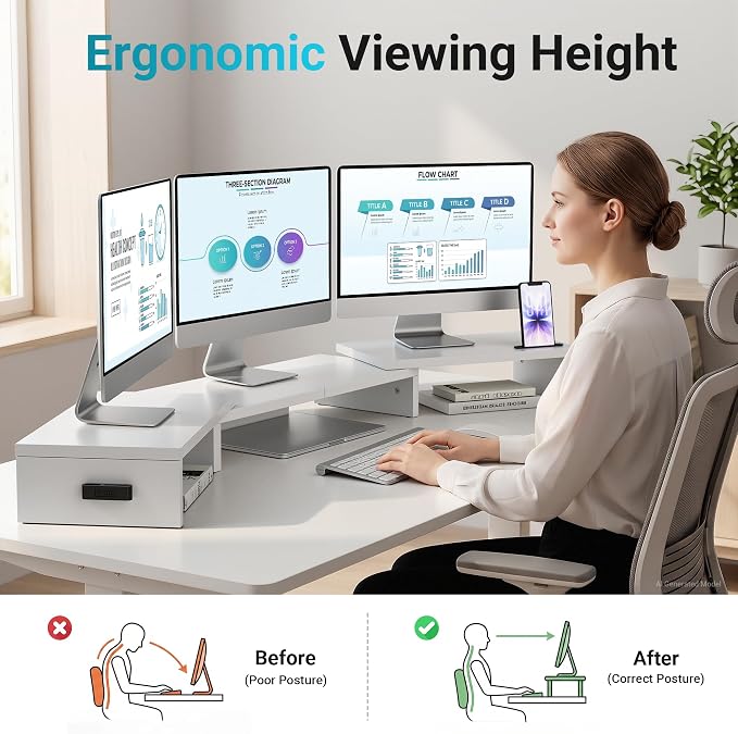 BONTEC Triple Monitor Stand Riser with Smartphone Holder, White | Adjustable Length & Swivel Angle, Ergonomic Wooden Desktop Organizer for PC Monitor, Laptop, Printer, Large Storage, 53.3 in - Image 2