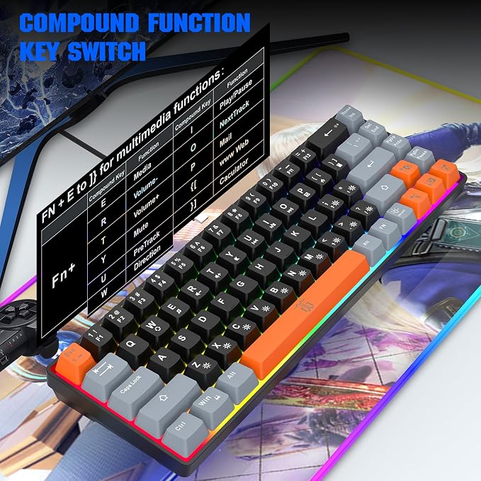 Snpurdiri 60% Percent Gaming Keyboard (68 Keys, Black-Grey-Orange) | Compact RGB Backlit Small Gaming Keyboard for Windows, PC, Laptop - Image 9