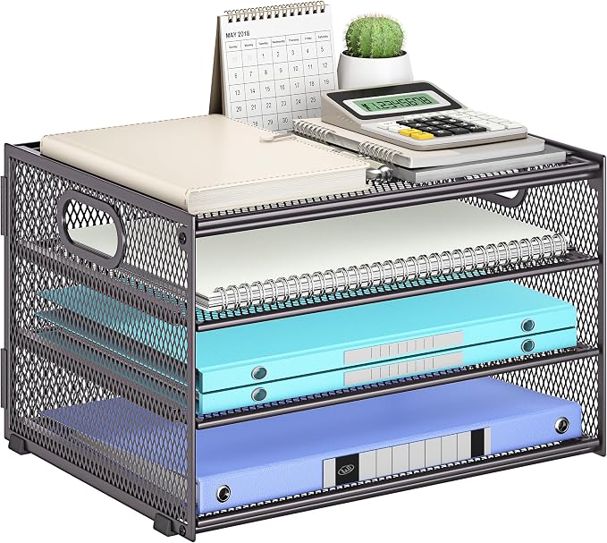 Subekyu Paper Letter Tray Organizer for Desk, Gray Metal Mesh Desk File Sorter Organizer with Handle and 2 Sliding Trays for Home Office School Supplies Organization by SUBEKYU