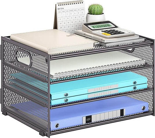 Subekyu Paper Letter Tray Organizer for Desk, Gray Metal Mesh Desk File Sorter Organizer with Handle and 2 Sliding Trays for Home Office School Supplies Organization by SUBEKYU