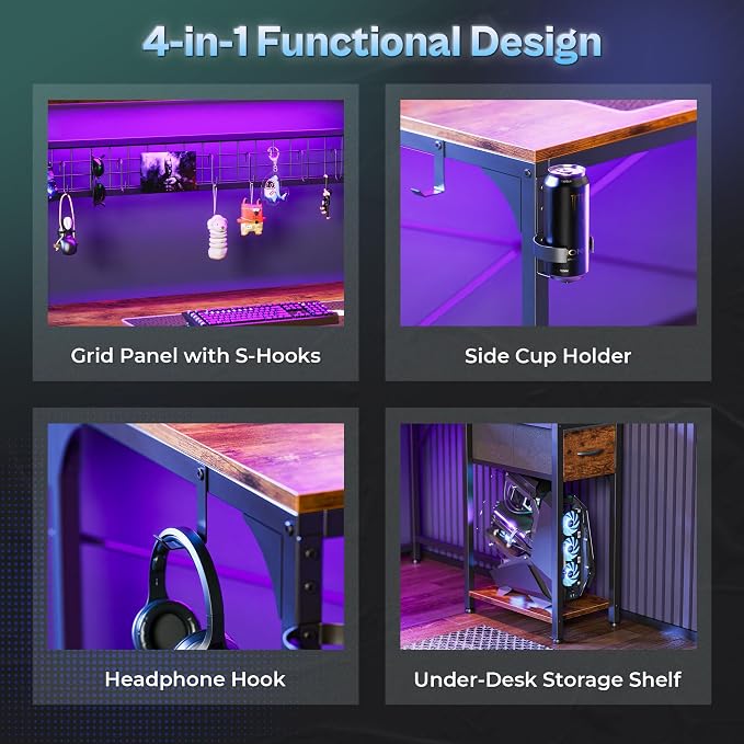 PRAISUN L Shaped Gaming Desk with Shelves, Corner Computer Table with LED Lights, Power Outlets and USB-C Ports, 42 Inch Reversible Home Office Desk with Storage Drawer, Work and Study, Rustic Brown - Image 8