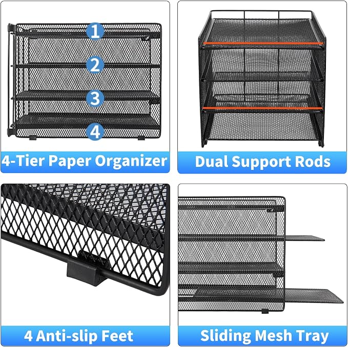 OPNICE 4-Tier Paper Organizer Letter Tray, Desk Organizers and Accessories, Office Desk Accessories, Desktop File Organizer for Office, Home or School, Black - Image 3