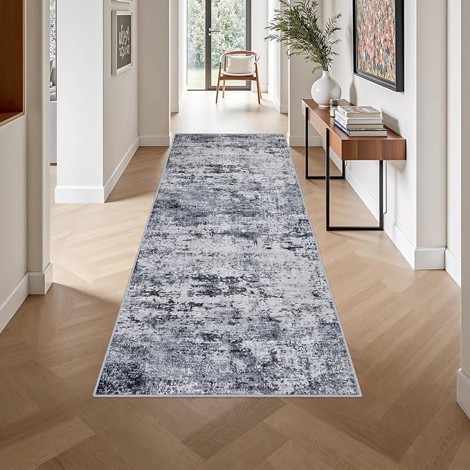 Washable Area Rug 3x8 Entryway Rug: Washable Modern Abstract Soft Thin Rug Indoor Floor No Slip Stain Resistant Carpet for Bedroom Dining Room Farmhouse Nursery Home Office - Grey - Image 4