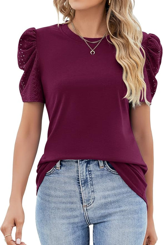 Ivicoer Puff Short Sleeve Shirt for Women Eyelet Tops Summer Crewneck Blouse Loose Fit S-XXL by Ivicoer