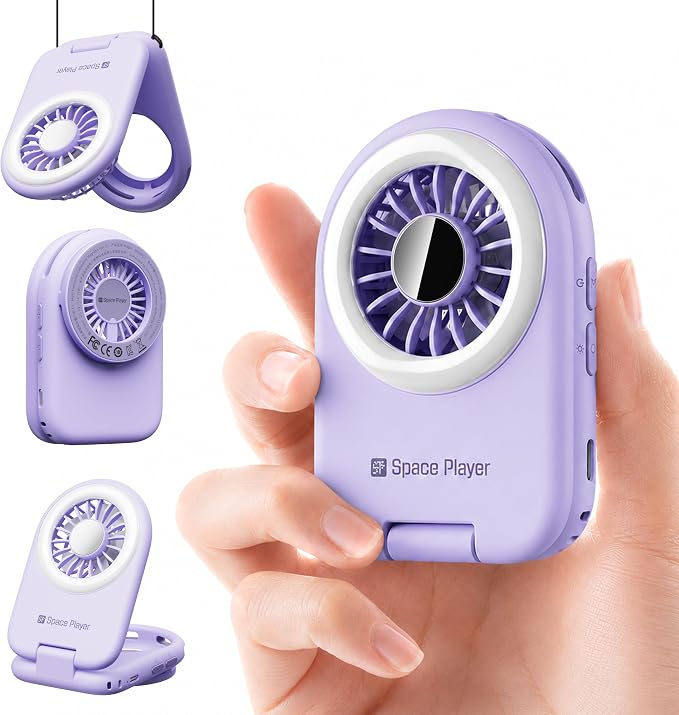 Space Player 6-in-1 Mini Fan, Portable Handheld Fan with Neck Fan, Magnetic Phone Mount, Desktop Stand & Selfie Fill Light, USB Rechargeable Pocket Fan for Travel, Cruise, Concert, Makeup,Purple by SPSpacePlayer
