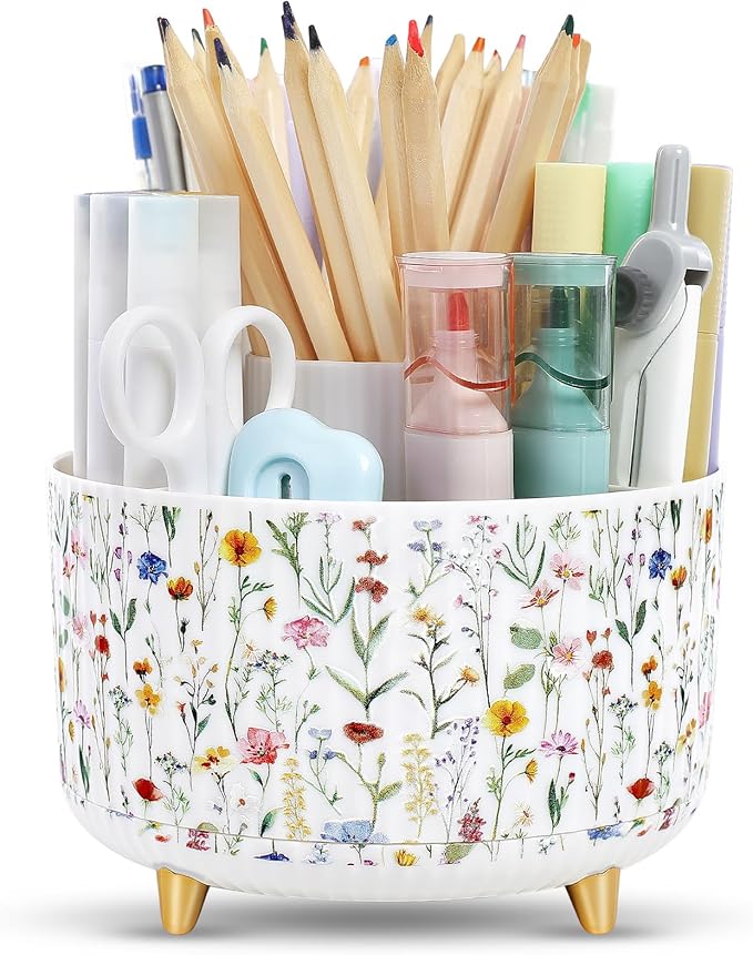SKYDUE 360 Degree Rotating Desk Organizer, Dual-Purpose Pencil Pen Holder for Desktop, Desk Pen Organizer with 5 Slots, Office Supplies, Pencil Cup for Office, School, Home by SKYDUE