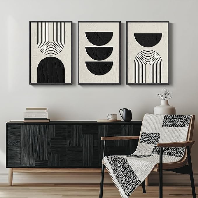 Framed Boho Black and White Abstract Wall Art, 3 Piece Modern Beige Canvas Prints Paintings Artwork for Walls, Black Geometric Pictures for Living Room Bedroom Hallway Office Wall Decor 16x24 In - Image 4