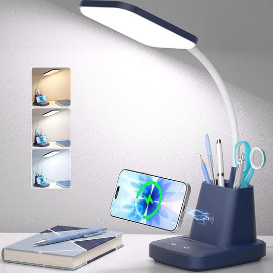 LED Desk Lamp with 10W Wireless Charging & Pen Holder, Navy Blue | CRI 95, 800LM, Stepless Dimming, 3 Modes, 360°Flexible Arm, Touch, Study Table Lamp for Home Office, Dorm Room, with Adapter by Sailstar