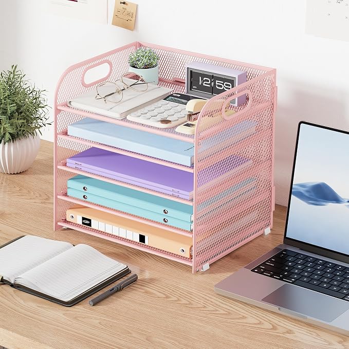 Cawukege 5 Tier Paper Organizer with Handle, Pink Metal Mesh Desk Organizer File Folder Paper Letter Tray Desktop Document Sorter for Classroom, School, Office Accessories Organization and Storage - Image 7