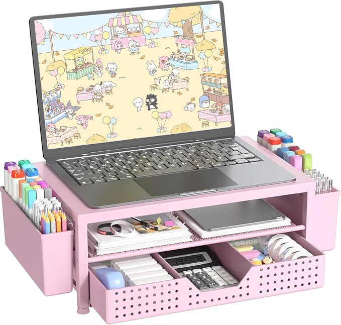 OPNICE Laptop Stand for Desk Organizer and Accessories, 2-Tier Computer Monitor Stand Riser with Drawer and 2 Pen Holders, Ventilated Perforated Steel Top, Office Desk Accessories for Home Office Supplies, Pink by OPNICE