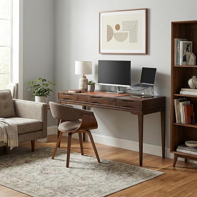 SIMPLIHOME Harper Desk - 60 Inch Wide Solid Wood Writing Desk in Walnut Brown, Mid-Century Modern Home Office Computer Table for Workspace or Study with 2 Drawers and Flip-Down Keyboard Tray - Image 4