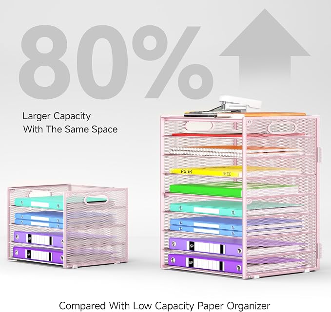 Cawukege 9 Tier Paper Organizer with Handle, Large Capacity Desk Organizer Mesh Paper Letter Tray File Folder Document Sorter for Classroom and Office Accessories Organization- Pink (2 Pack) - Image 3