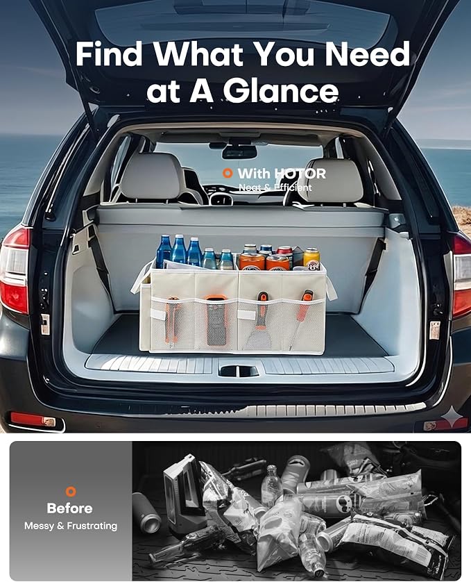 HOTOR Trunk Organizer for Car - Car Organizer, Foldable Trunk organizer for SUVs & Sedans, Sturdy Organization for Car Accessories, Tools, Sundries, Beige, 2 Compartments, 21.3"×12.6"×10.6" - Image 6