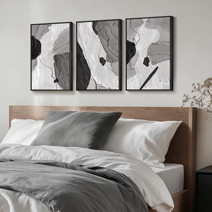 Framed Black and White Modern Abstract Wall Art, 3 Piece Canvas Prints Paintings Artwork for Walls, Minimalist Black White Grey Pictures for Living Room Dining Room Bedroom Office Wall Decor 16x24 In - Image 2